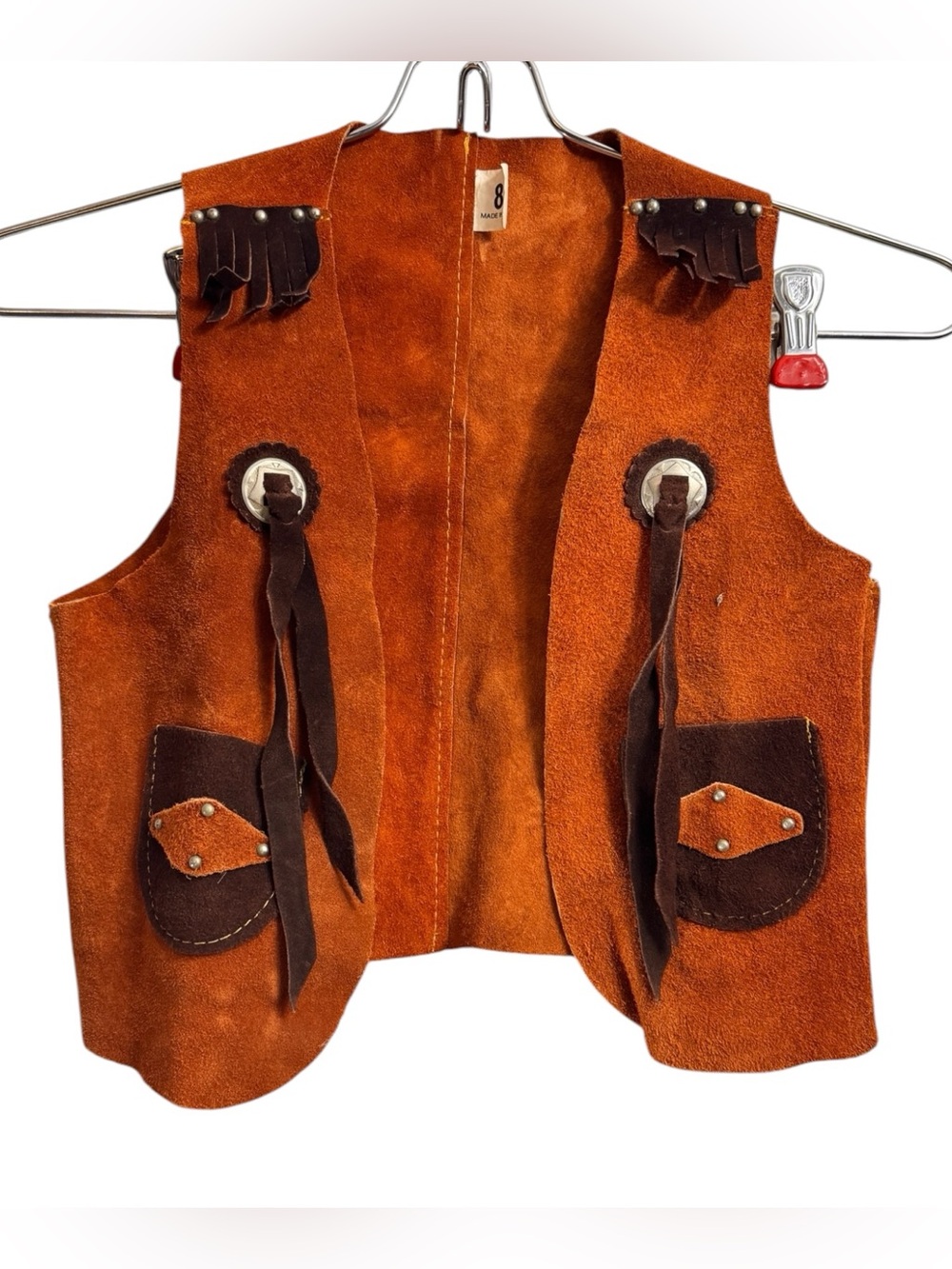 Vintage Childrens Boys Brown Suede Leather Western Vest Conchos Fringe Costume 8
